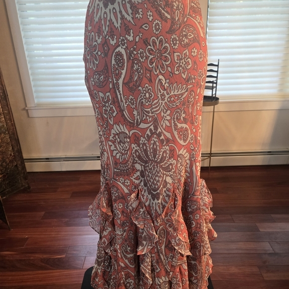 100% Silk Y2K Ruffled Paisley Floral Maxi Skirt Pink Cream Womens Size 14 - Picture 4 of 11